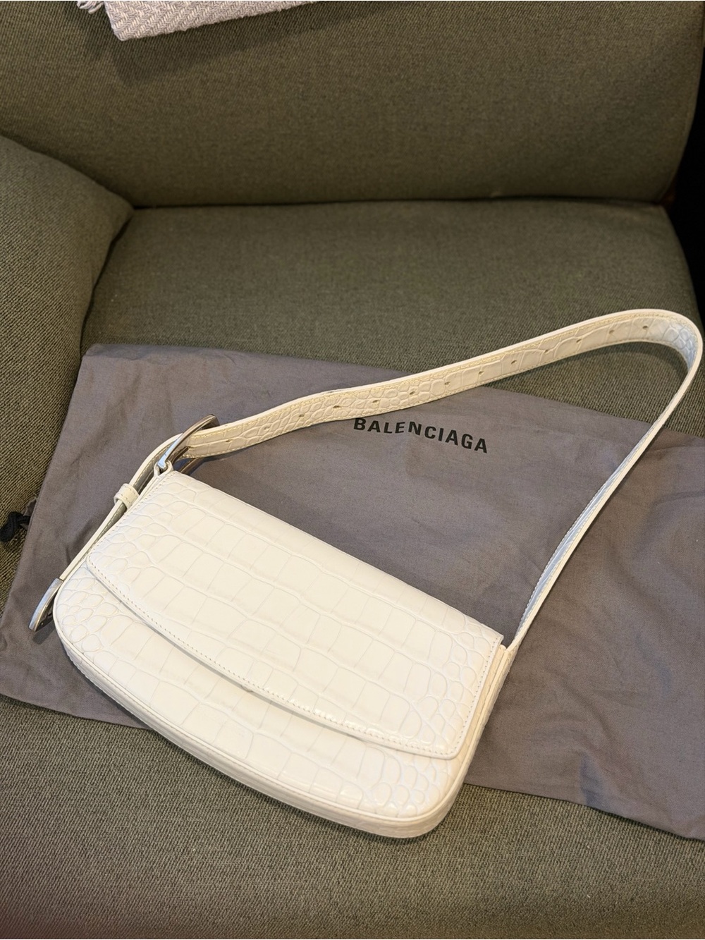 Balenciaga White Croc-Embossed Shoulder Bag